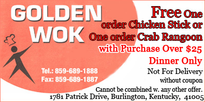 Free One order Chicken Stick or One order Crab Rangoon